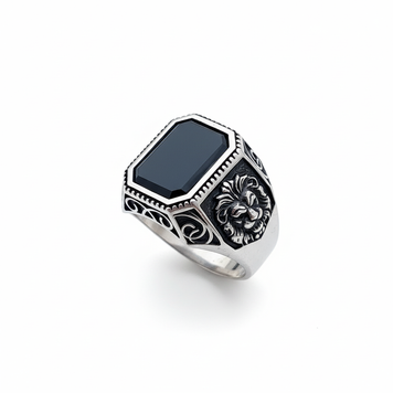 Срібний перстень з чорним оніксом орнаментом і чорнінням чоловічий, 18 розмір 523.01-3 фото